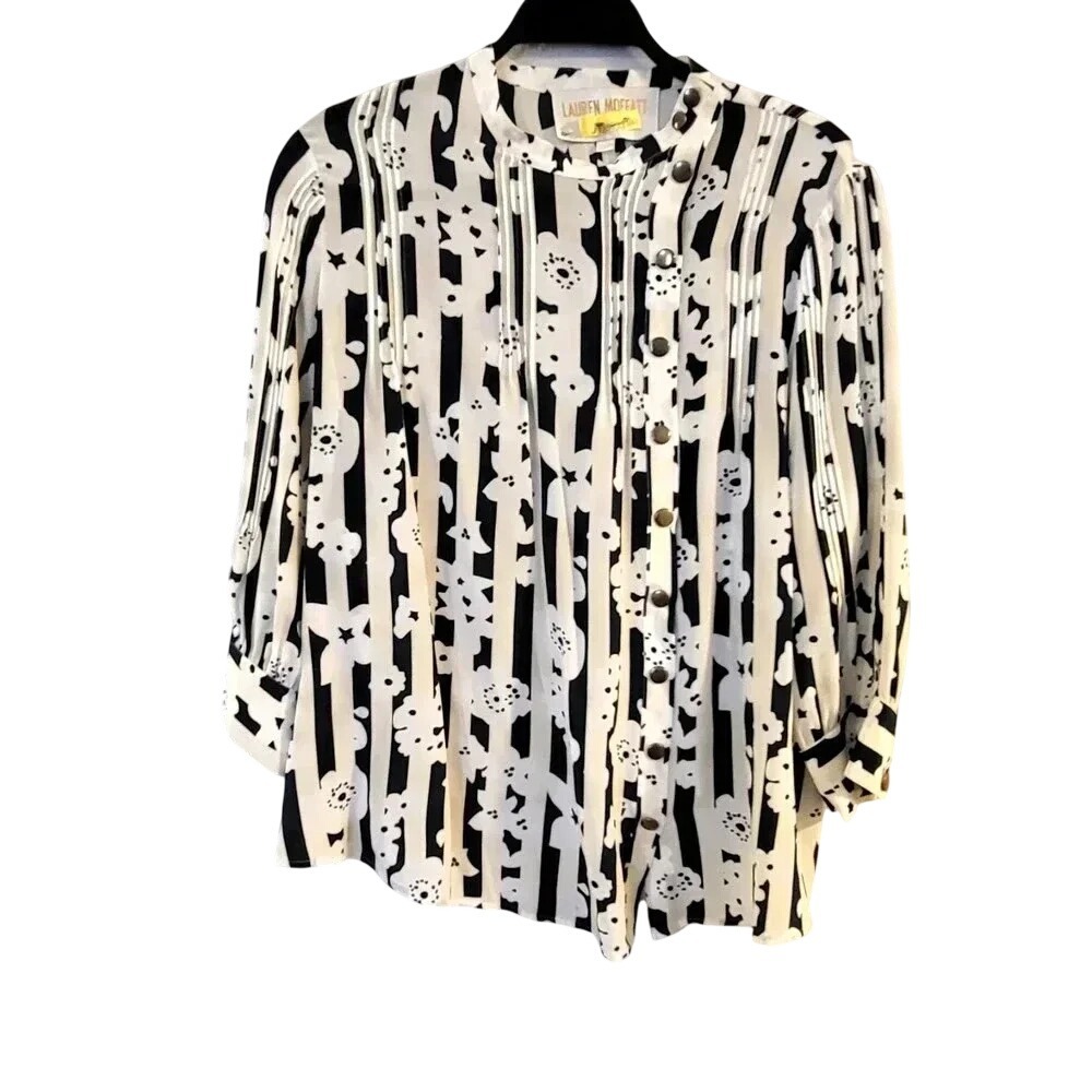 Lauren Moffatt White Blue Floral Stripe Silk Pintuck Blouse Large Brass Buttons